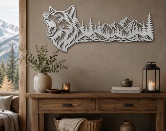 Howling Wolf Metal Sign, Mountain Forest Wall Decor, Rustic Wildlife Wilderness Steel Art, Cabin Lodge Pine Nature Housewarming Gift