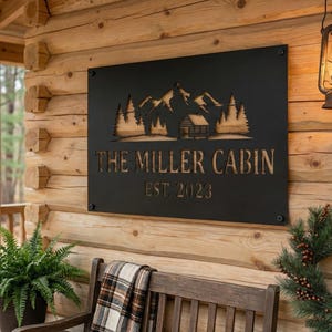 May include: A black metal sign with a mountain and cabin design, reading "THE MILLER CABIN EST. 2023", mounted on a wooden cabin wall. A fern in a pot and a wreath decorate the porch.