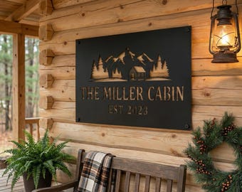 Personalized Metal Cabin Sign, Mountain Cabin Wall Art, Die Cut Rustic Decor (customizable)