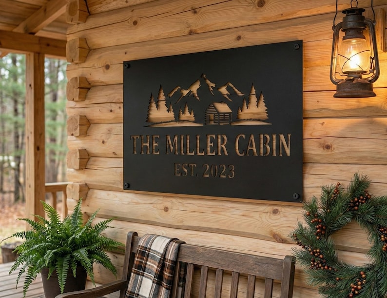 May include: A black metal sign with a mountain and cabin design, reading "THE MILLER CABIN EST. 2023", mounted on a wooden cabin wall. A fern in a pot and a wreath decorate the porch.