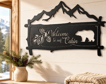 Rustic Cabin Welcome Sign, Bear Mountain Metal Wall Art, Pine Lodge Porch Decor, Vacation Home Entryway Plaque, Cozy Woodland Retreat Gift