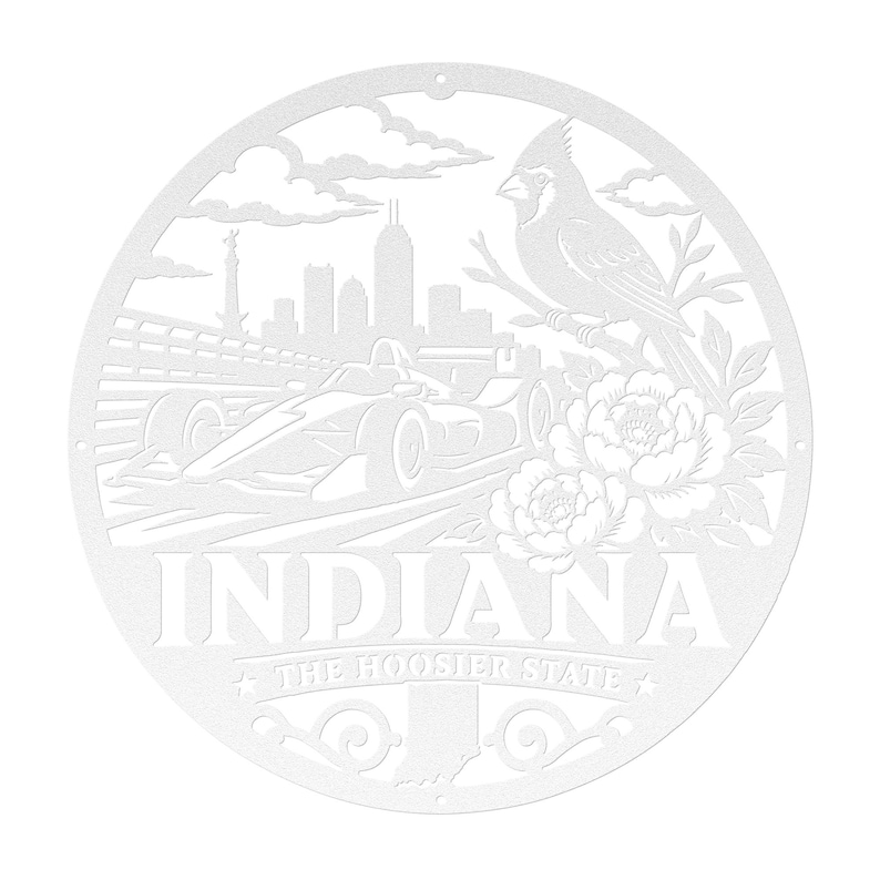Może przedstawiać: Biała metalowa grafika ścienna z okrągłym wzorem z napisem "INDIANA" i "THE HOOSIER STATE". Projekt zawiera samoch&oacute;d wyścigowy, kardynała, kwiaty i panoramę miasta.