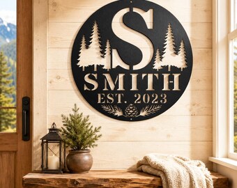 Personalized Family Name Metal Sign, Rustic Monogram Wall Decor, Custom Last Name Sign with Trees, Established Date Sign, Cabin Wall Art