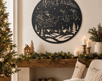 Merry Christmas Santa Sleigh Metal Sign, Reindeer Village Holiday Wall Decor, Winter Farmhouse Mantel Art, Cozy Festive Round Home Accent