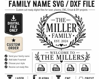 Personalized Family Name SVG DXF File, Metal Sign Cut File for Laser Plasma CNC Cricut