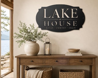 Lake House Metal Sign, Relax Unwind Enjoy Wall Decor, Waterfront Cabin Plaque, Rustic Cottage Gift, Outdoor Porch Entryway Lodge Accent