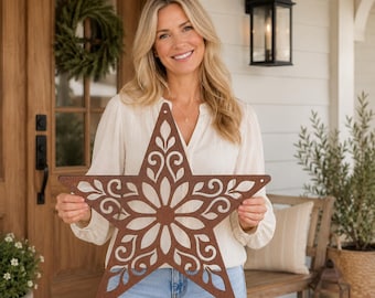 Floral Cutout Metal Star Sign, Outdoor Farmhouse Porch Wall Decor, Rustic House Exterior Art, Patio Entryway Accent, Country Charm