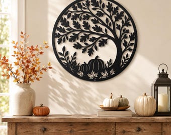 Plaque en métal arbre d'automne, décoration murale citrouille d'automne, décoration de maison récolte de feuilles de chêne, art saisonnier rond rustique, décoration d'entrée pour Thanksgiving