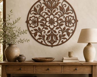 Floral Metal Sign, Round Botanical Wall Art, Rustic Filigree Plaque, Ornate Garden Home Decor, Farmhouse Entryway Housewarming Gift