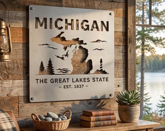 Michigan Metal Wall Art – Rustic Great Lakes State Sign, Michigan Wall Decor, Cabin Metal Wall Art, Lake House Decor, Michigan Home Sign