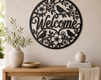Floral Bird Welcome Metal Sign, Round Front Door Decor, Garden Style Entryway Wall Art, Spring Cottage Porch Accent, Housewarming Gift