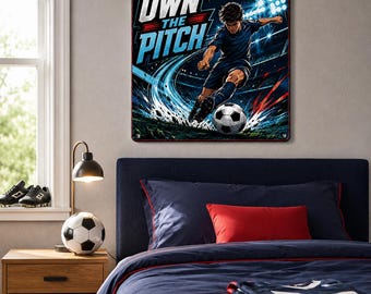 Comic Soccer Metal Sign, Own the Pitch Wall Decor, Teen Boy Bedroom Art, Youth Player Gift, Sports Game Room Plaque, Football Fan Accent