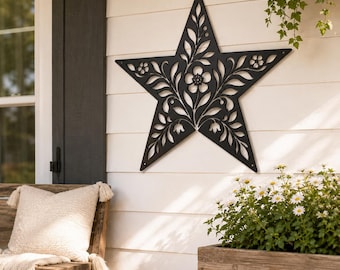 Letrero metálico floral con forma de estrella para granero, decoración botánica de pared estilo granja, acento rústico para porche de jardín, regalo de inauguración de casa con recorte estilo cottagecore