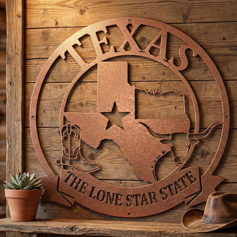 Pu&ograve; includere: Un'opera d'arte da parete in metallo color rame con la scritta "TEXAS" in un design circolare. L'arte include una stella, il contorno dello stato, uno stivale da cowboy e un longhorn. &Egrave; presente anche il testo "THE LONE STAR STATE".