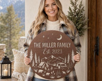 Personalized Family Camping Metal Sign, Mountain Cabin Wall Decor, Custom Camper Steel Art, Rustic Bear Forest Housewarming Gift
