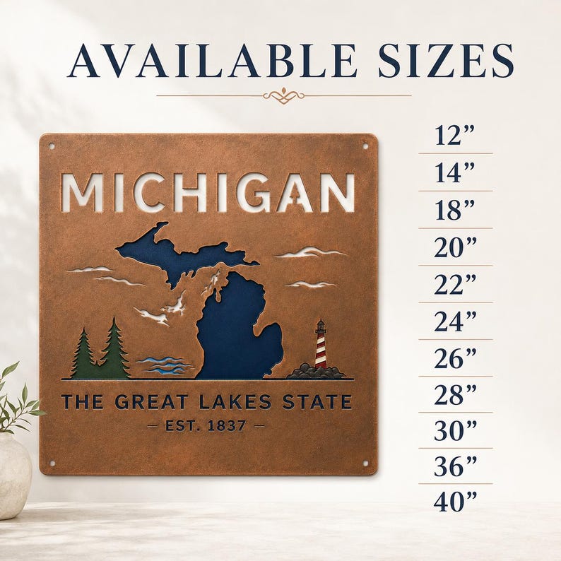 May include: A square copper-toned metal wall sign featuring a cutout map of Michigan, the text "MICHIGAN THE GREAT LAKES STATE EST. 1837", green pine trees, and a red and white lighthouse. A list of available sizes from 12" to 40" is displayed.