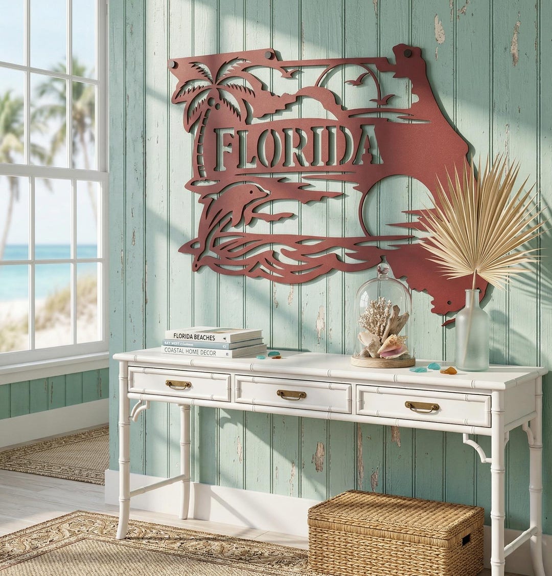 Florida Beach House Decor, Florida Metal Wall Art, Coastal Dolphin Palm ...