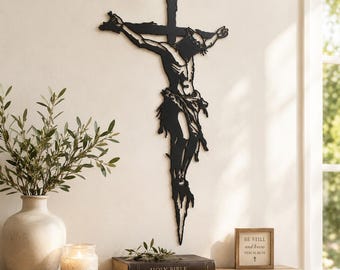 Jesus Crucifix Metal Sign, Rustic Cross Wall Art, Christian Faith Home Decor, Easter Religious Gift, Prayer Room Accent, Church Chapel