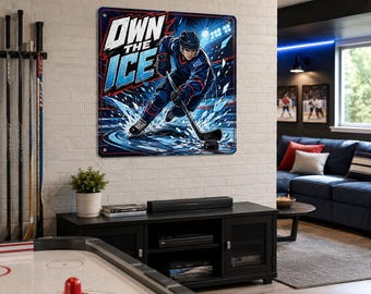 Comic Hockey Metal Sign, Own the Ice Wall Decor, Teen Boy Bedroom Art, Youth Player Gift, Sports Game Room Plaque, Rink Fan Accent