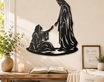 Jesus Healing Woman Metal Sign, Christian Faith Steel Wall Decor, Biblical Scene Art, Religious Farmhouse Home Accent, Prayer Room Gift