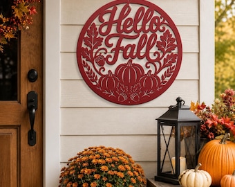 Hello Fall Metal Sign, Round Pumpkin Leaf Steel Wall Decor, Autumn Harvest Entryway Art, Cozy Rustic Farmhouse Thanksgiving Door Hanger