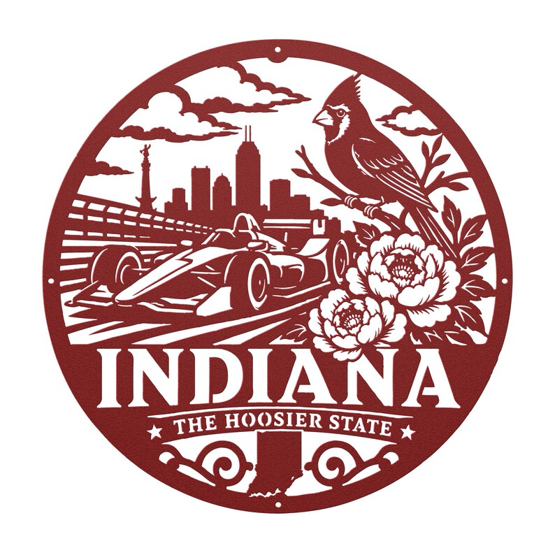 Może przedstawiać: Okrągła, bordowa metalowa dekoracja ścienna z motywem Indiany. Projekt obejmuje samoch&oacute;d wyścigowy, kardynała, kwiaty i napis "INDIANA THE HOOSIER STATE". Grafika jest wycięta ze skomplikowanymi detalami.