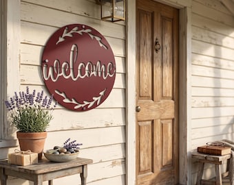 Metal Welcome Sign for Front Door, Round Welcome Metal Wall Art, Farmhouse Entryway Decor, Front Porch Sign, Housewarming Gift