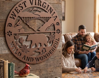 Letrero metálico decorativo de Virginia Occidental – Arte mural de WV salvaje y maravilloso – Decoración rústica de montaña – Adorno de pared metálico estatal