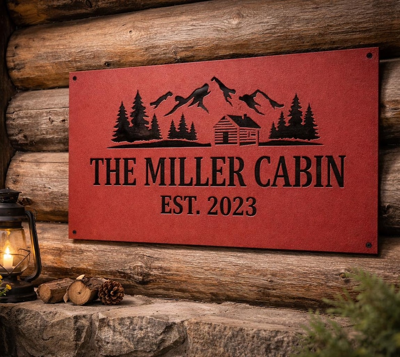 May include: A red metal sign with a mountain and cabin silhouette design. The sign reads "THE MILLER CABIN EST. 2023" in black lettering. The sign is mounted on a wooden log wall.