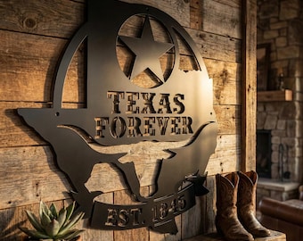Texas Forever Metal Wall Art Sign, Texas Star Longhorn Decor, Rustic Ranch Farmhouse Wall Hanging, Powder Coated Steel Indoor Outdoor Sign