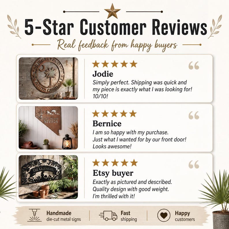 Pu&ograve; includere: Immagine che mostra le recensioni dei clienti per insegne in metallo tagliate a mano. Il testo recita "5-Star Customer Reviews" e presenta feedback positivi dagli acquirenti. L'immagine include esempi delle insegne e icone per la spedizione veloce e clienti felici.
