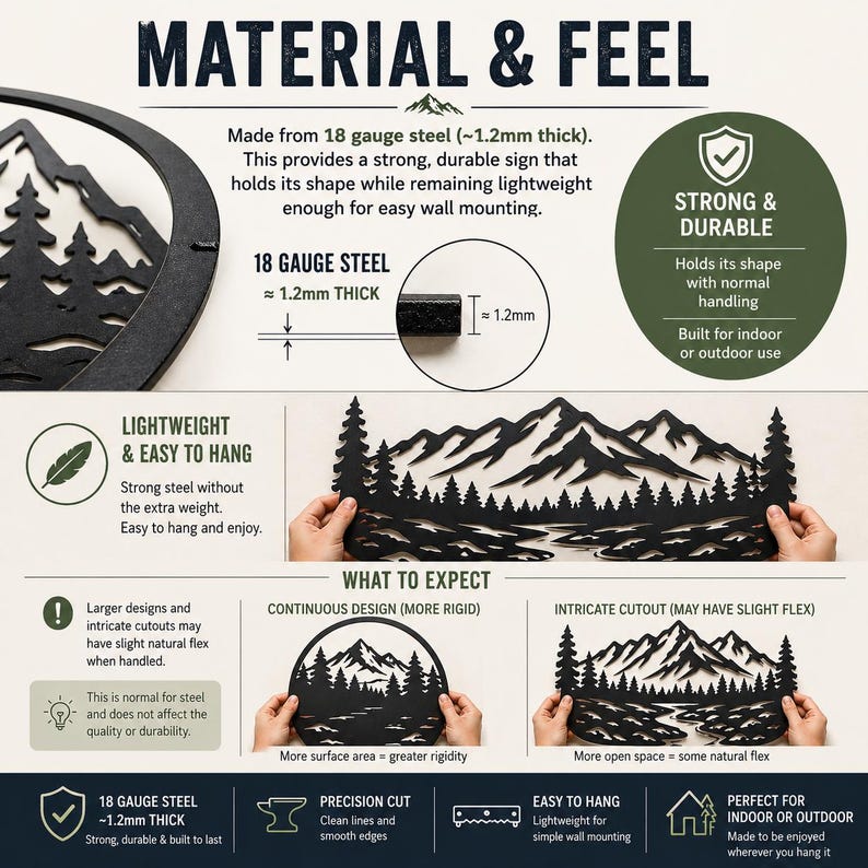 May include: Black metal wall art featuring a mountain and tree design. Made from 18-gauge steel, approximately 1.2mm thick, the sign is lightweight and easy to hang. The sign is suitable for indoor or outdoor use.