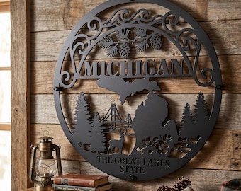 Decoración de pared de metal de Michigan, decoración del estado de los Grandes Lagos, letrero del estado de Michigan, letrero de metal troquelado, decoración de pared de Michigan, regalo de decoración para cabaña de Michigan