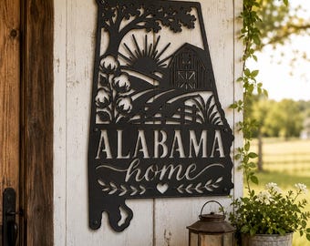 Alabama Home Metal Sign, Southern State Shape Wall Art, Rustic Farmhouse Steel Plaque, Country Barn Cotton Sunrise Porch Housewarming Gift