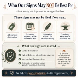 May include: An informational graphic titled Who Our Signs May NOT Be Best For, featuring icons of a price tag, calendar, feather, and anvil. It lists criteria for sign selection, describes the steel wall decor, and includes a note on expectations.