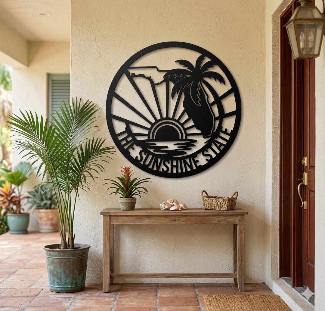 Florida Coastal Decor – Sunshine State Metal Wall Art, Palm Tree Sunset ...