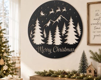 Rustic Christmas Metal Sign, Santa Reindeer Mountain Wall Decor, Pine Forest Holiday Plaque, Round Winter Farmhouse Cabin Porch Accent