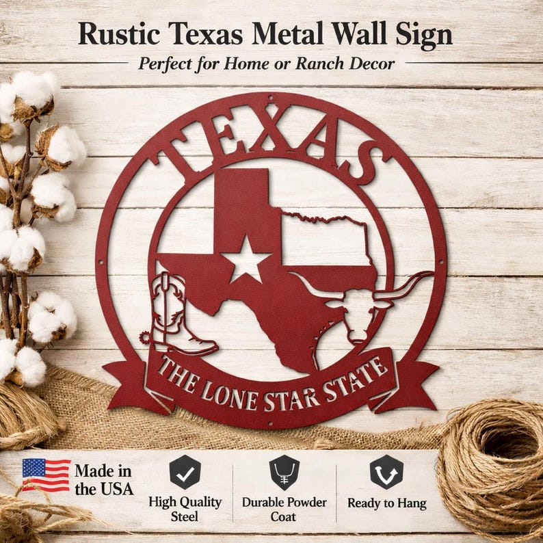 Pu&ograve; includere: Un'insegna da parete in metallo rosso rustico raffigurante lo stato del Texas, con una stella, uno stivale da cowboy e un longhorn. L'insegna &egrave; circolare con la parola "TEXAS" a lettere grandi. &Egrave; incluso anche il testo "THE LONE STAR STATE".
