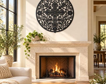 Ornate Floral Cross Metal Sign, Round Christian Wall Decor, Intricate Scrollwork Art, Religious Housewarming Gift, Steel