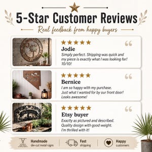 Może przedstawiać: Obraz przedstawiający recenzje klient&oacute;w dla ręcznie robionych metalowych znak&oacute;w wycinanych. Tekst brzmi "5-Star Customer Reviews" i zawiera pozytywne opinie kupujących. Obraz zawiera przykłady znak&oacute;w i ikony szybkiej wysyłki i zadowolonych klient&oacute;w.