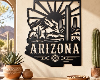 Arizona Desert Metal Wall Art, Saguaro Cactus Steel Sign, Southwestern State Plaque, Mountain Sun Home Decor, Western Housewarming Gift
