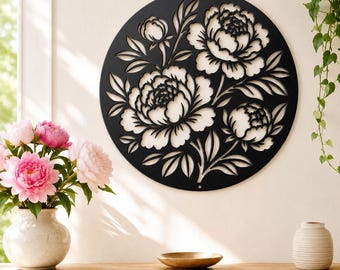 Peony Metal Wall Art, Floral Die Cut Steel Sign, Botanical Round Flower Decor, Cottage Garden Plaque, Farmhouse Hanging Housewarming Gift