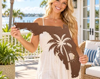 Florida Metal Sign, Palm Tree Sun Wall Art, Coastal State Silhouette, Tropical Beach House Decor, Steel Housewarming Gift