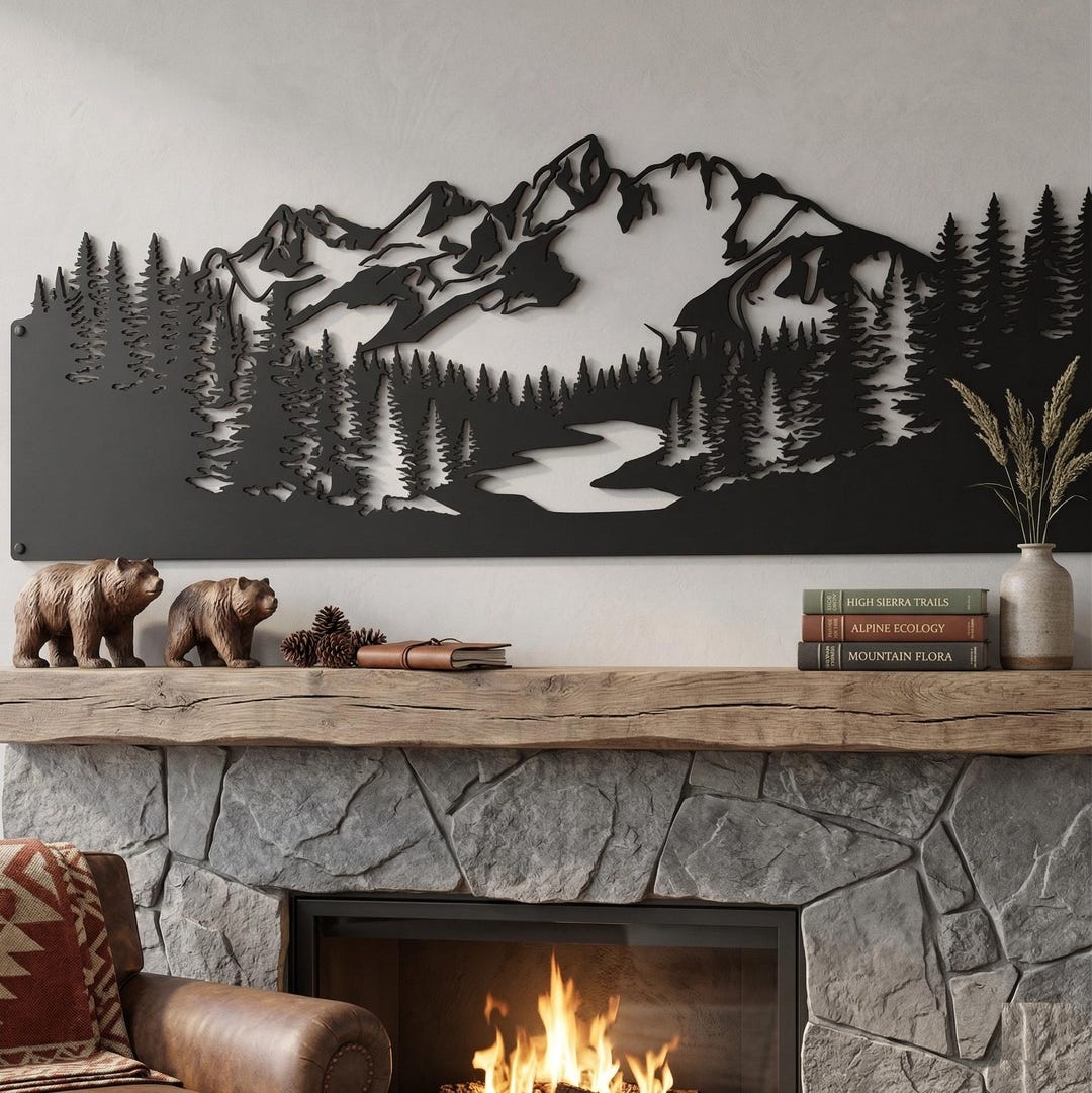 Mountain Wall Art Large, Die-cut Metal Design With Mountains and Pine ...