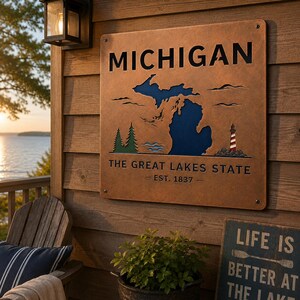 May include: A square metal sign with a rust-colored finish featuring a cutout of the state of Michigan in blue. The text reads MICHIGAN, THE GREAT LAKES STATE, and EST. 1837. It includes a green pine tree graphic and a red and white lighthouse.