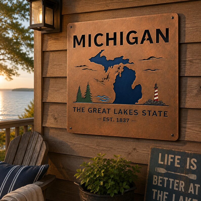 May include: A square metal sign with a rust-colored finish featuring a cutout of the state of Michigan in blue. The text reads MICHIGAN, THE GREAT LAKES STATE, and EST. 1837. It includes a green pine tree graphic and a red and white lighthouse.