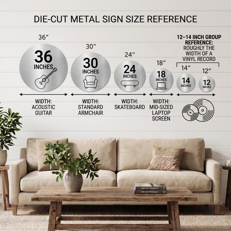 Pu&ograve; includere: Un grafico di riferimento delle dimensioni dei cartelli in metallo fustellati. Il grafico mostra cartelli metallici circolari da 30,5 cm a 91,4 cm di diametro. Il grafico include illustrazioni di chitarra, poltrona, skateboard e laptop.