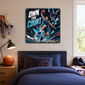 May include: A square metal wall sign featuring a basketball player mid-air performing a slam dunk. The artwork includes the bold white and light blue text "OWN THE COURT" set against a dark blue, dynamic background with geometric shapes and a basketball hoop.