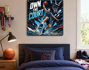 Comic Basketball Metal Sign, Own the Court Wall Decor, Teen Boy Bedroom Art, Youth Player Gift, Sports Game Room Plaque, Hoops Fan Accent