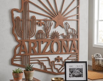 Decoración de pared del suroeste: arte de pared de metal del desierto de Arizona, escena de cactus y sol para colgar en la pared, decoración para el hogar del suroeste, regalo de Arizona.